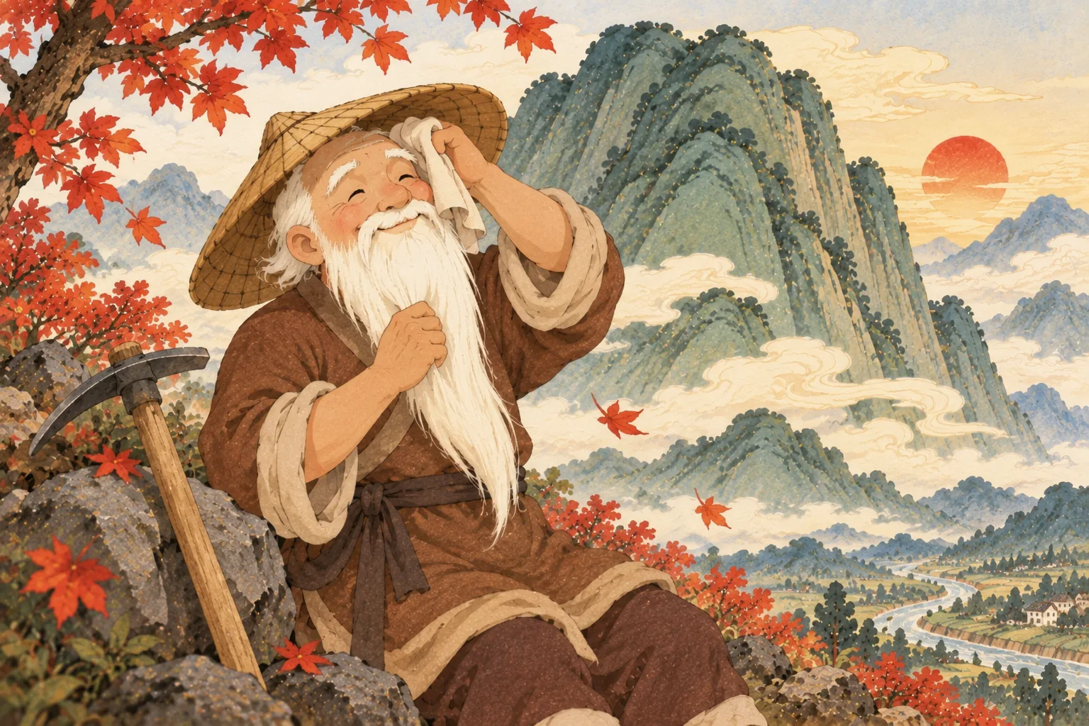 Yugong pose sa pioche, s'essuie le front et caresse sa barbe blanche avec un sourire paisible