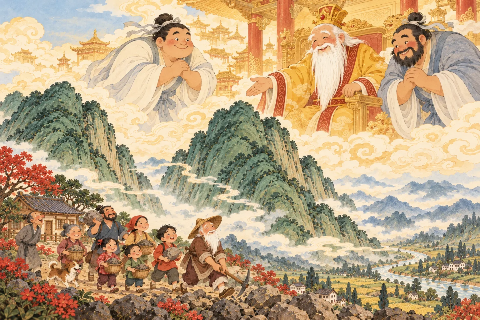 Dans son palais doré au-dessus des nuages, le souverain du ciel envoie deux géants souriants
