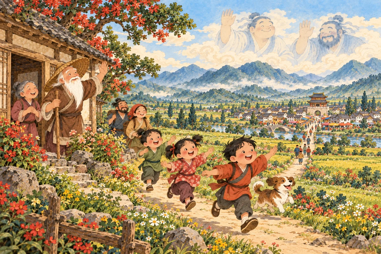 Les petits-enfants et le chien courent sur le nouveau chemin vers le marché