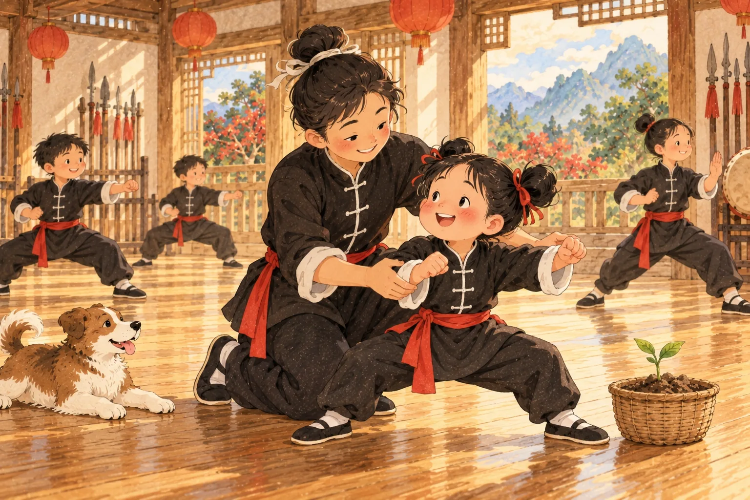 Dans une salle de kung-fu, un grand élève aide un petit enfant à tenir sa position du cavalier