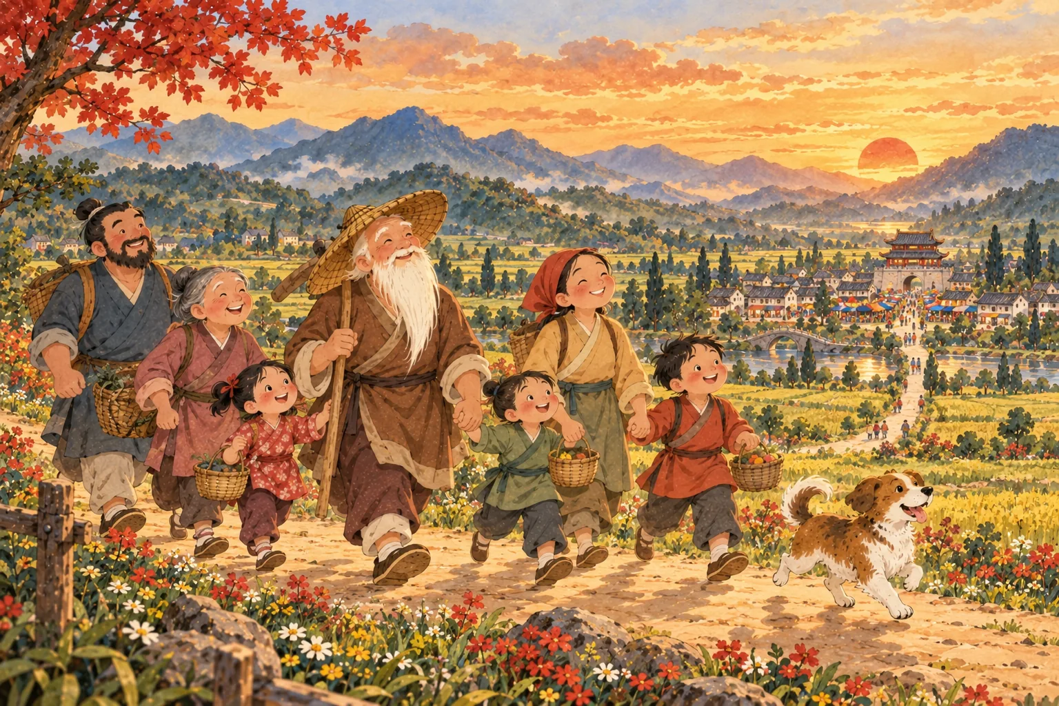 Au coucher du soleil, toute la famille marche main dans la main sur le chemin tout droit