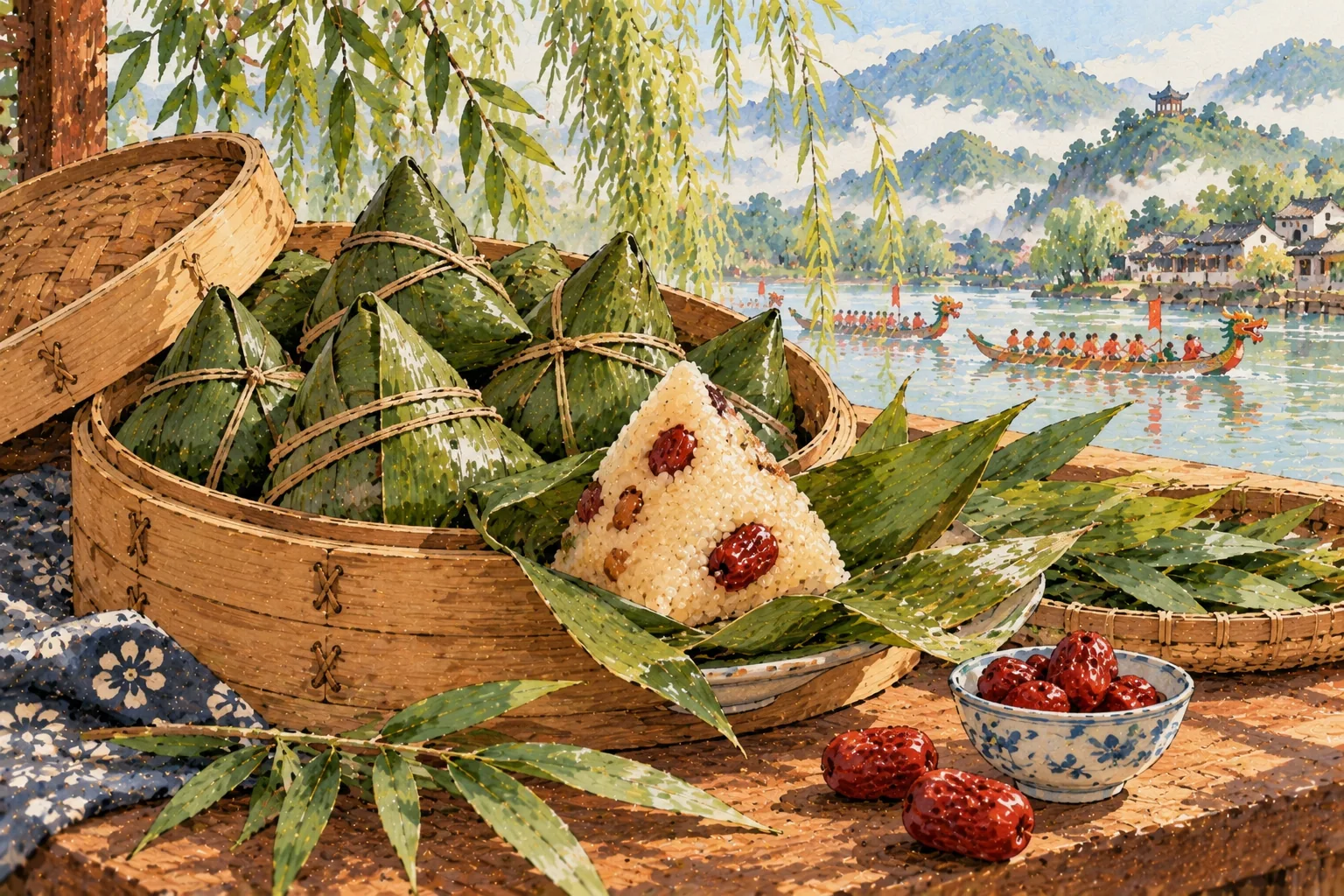 Des zongzi ficelés dans leurs feuilles de bambou