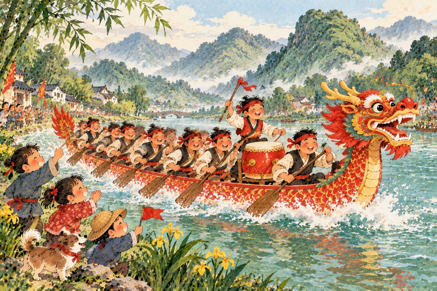 Illustration en papier découpé de la fête des Bateaux-Dragons : un bateau-dragon rouge file sur la rivière