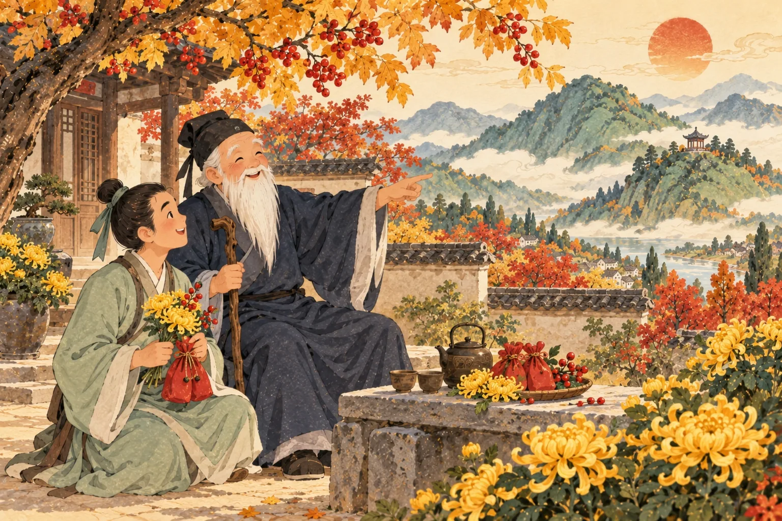 Le maître Fei Changfang, à longue barbe blanche, montre la montagne à son élève Huan Jing, qui tient un sachet rouge et des chrysanthèmes
