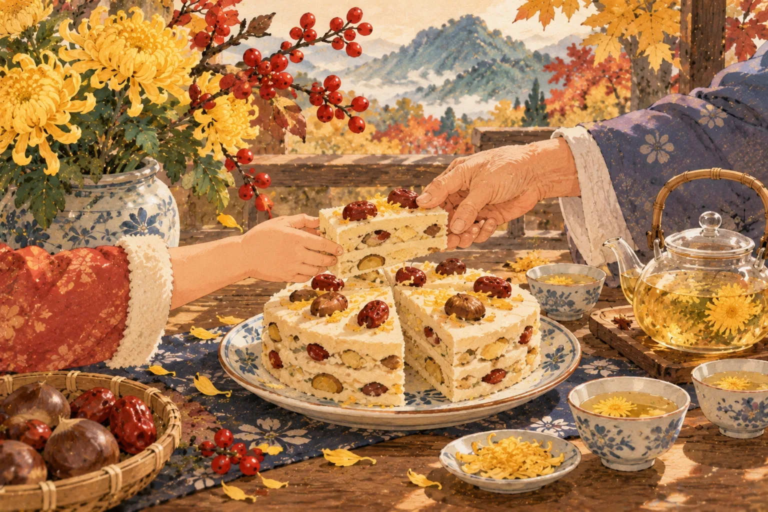 Un gâteau du Double Neuf aux dattes et aux châtaignes, partagé entre la main d'un enfant et celle d'un grand-parent, avec du thé de chrysanthème