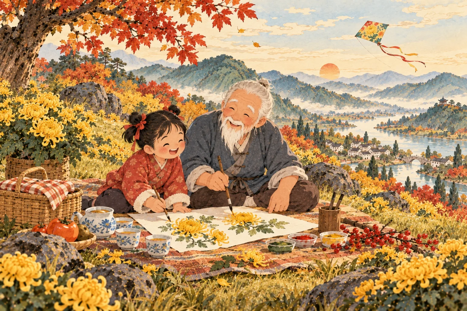Une petite fille et son grand-père peignent des chrysanthèmes en haut d'une colline d'automne