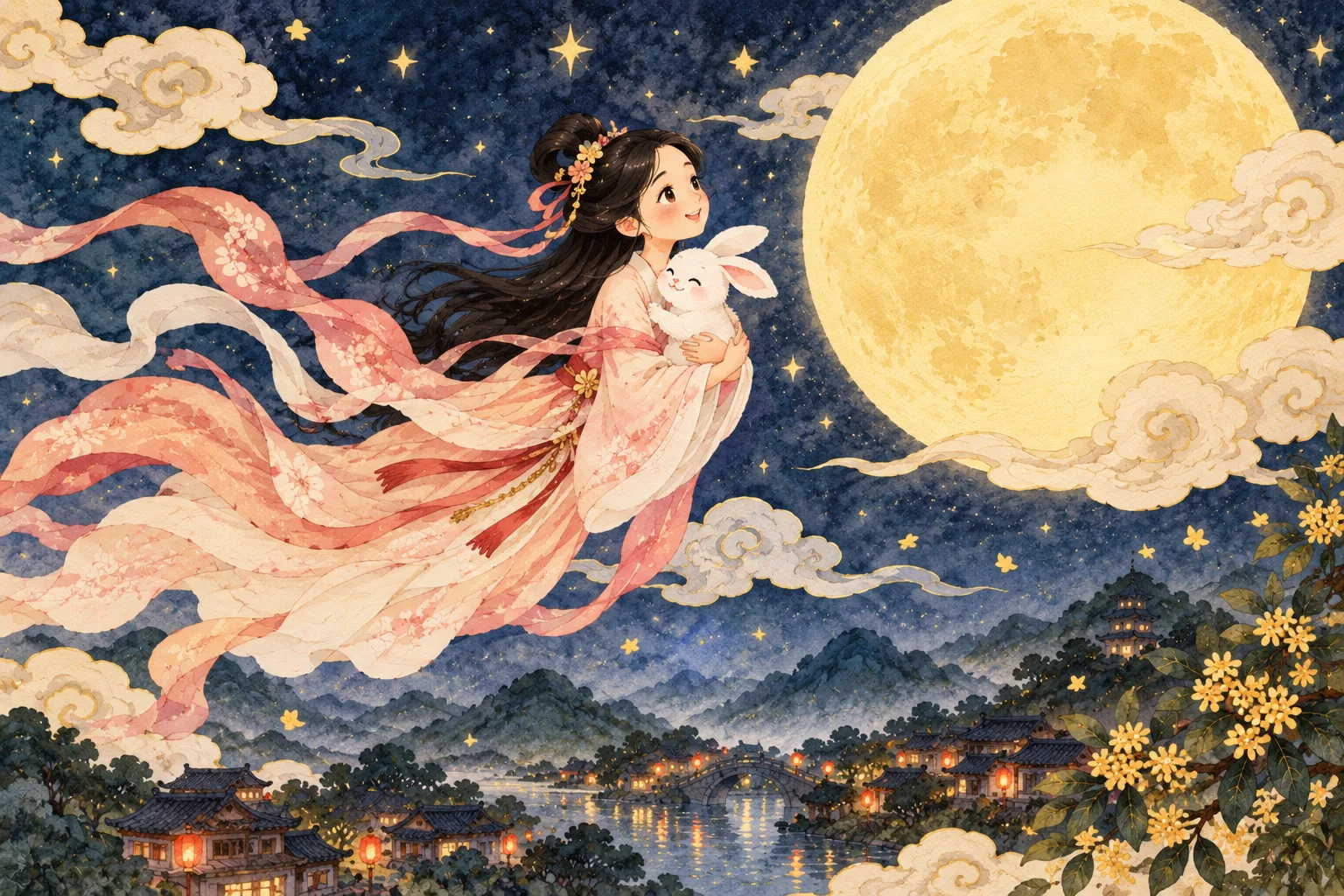 Chang'e s'envole vers la pleine lune, un lapin blanc dans les bras