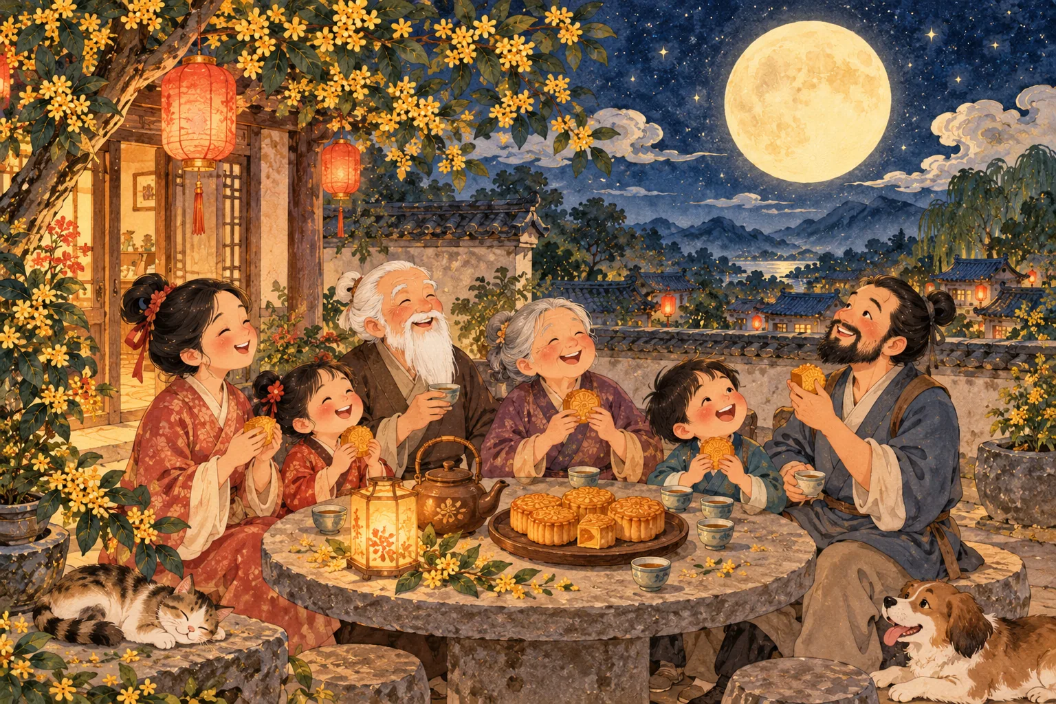 Une famille regarde la pleine lune en partageant des gâteaux de lune