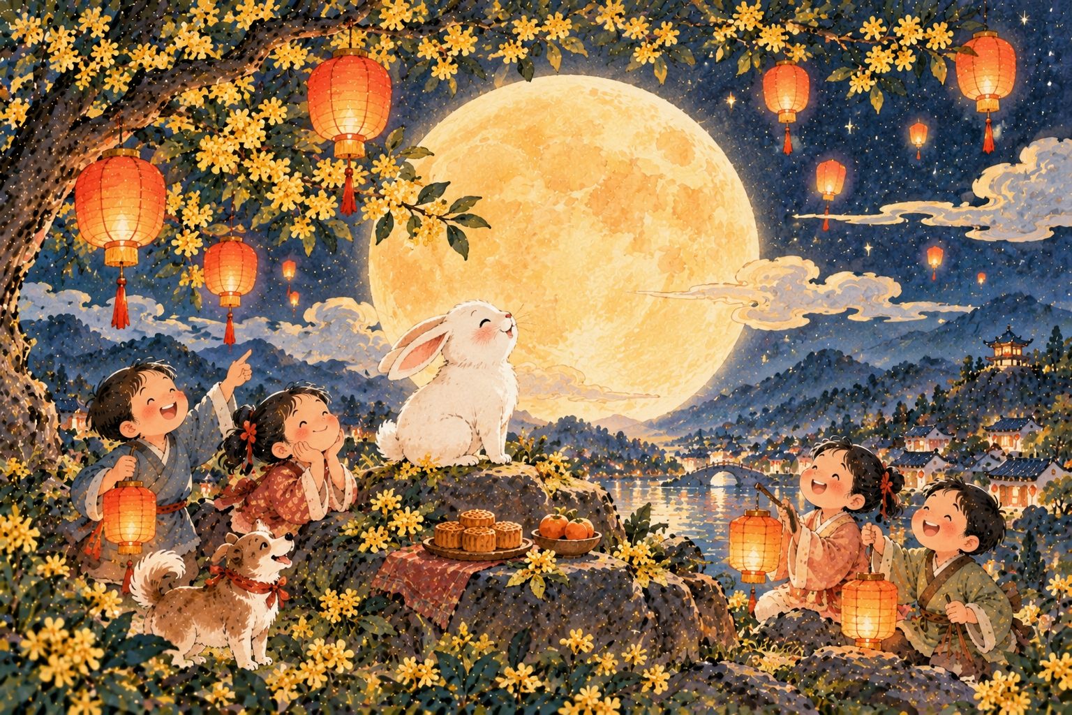 Illustration en papier découpé de la fête de la mi-automne : une grande pleine lune, un lapin blanc et des lanternes