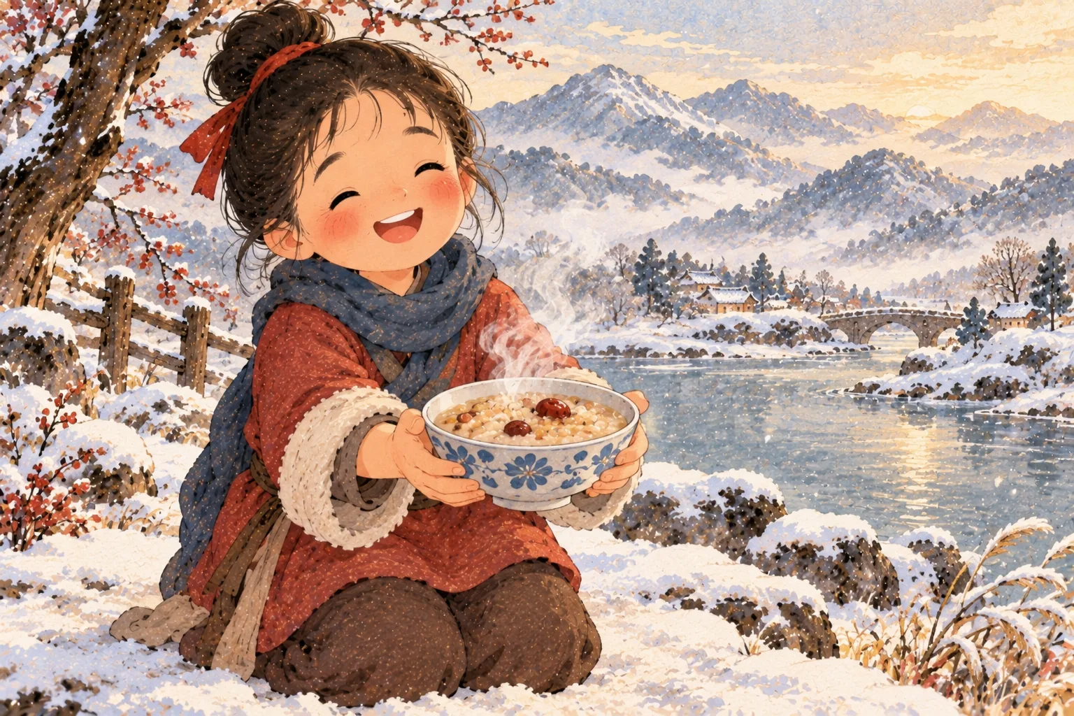 Une jeune fille tend un bol de bouillie de riz, dans un paysage d'hiver