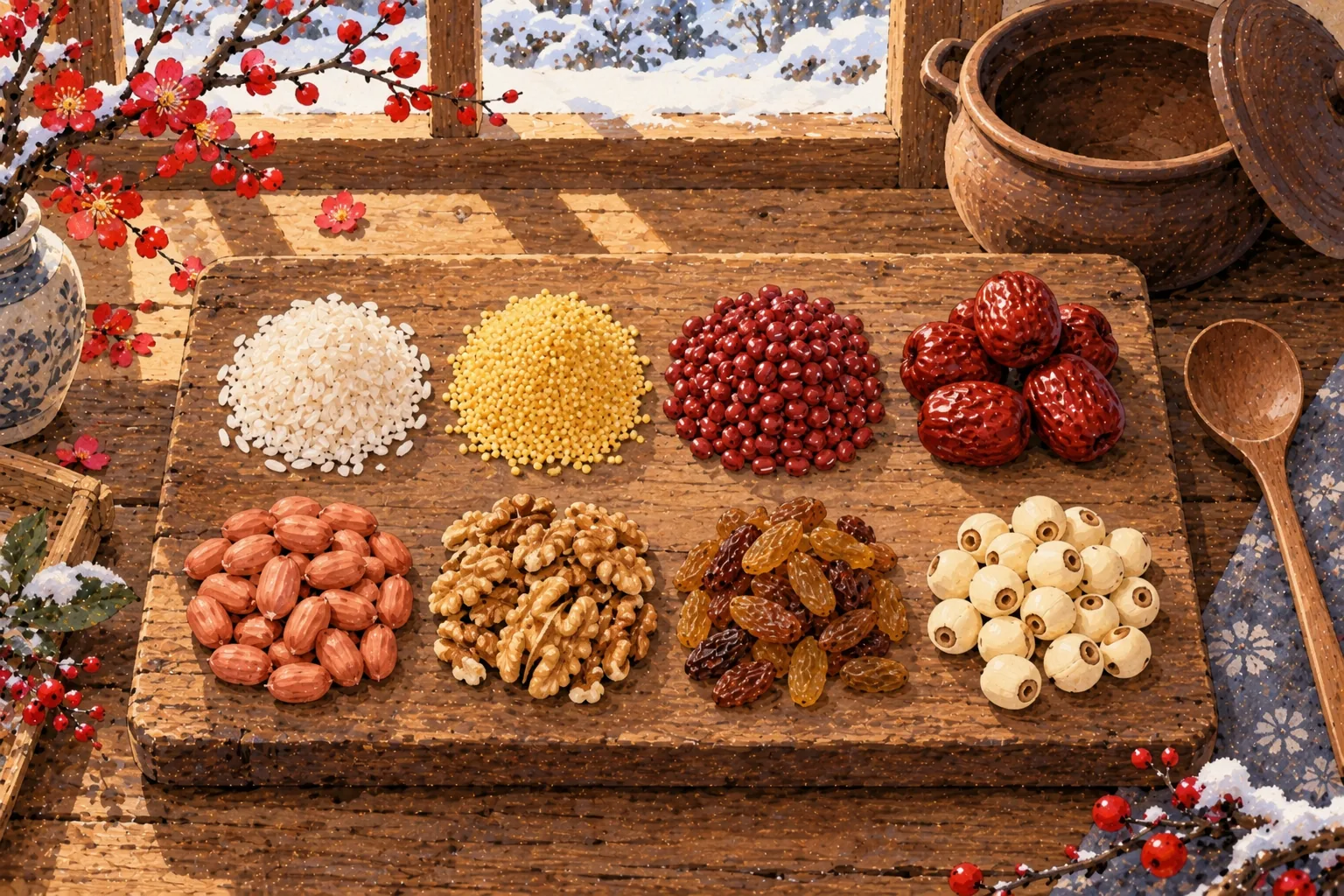 Huit petits tas d'ingrédients : riz, millet, haricots rouges, dattes, cacahuètes, noix, raisins secs et graines de lotus