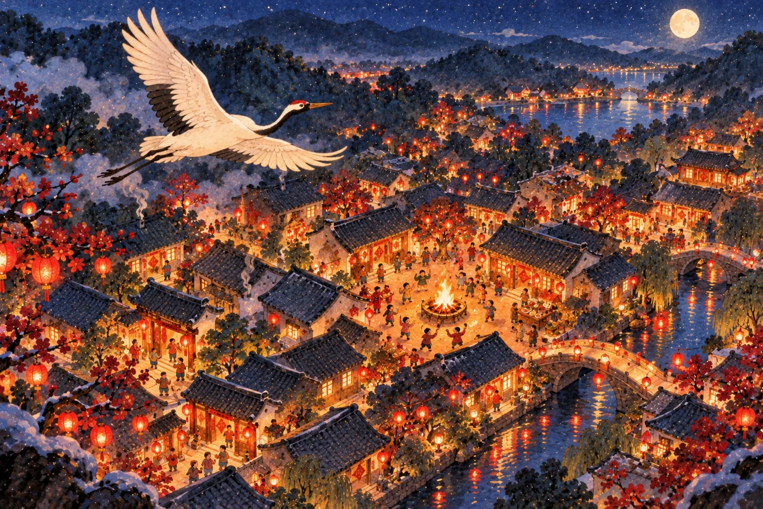 Un village chinois illuminé de lanternes rouges, vu du ciel, avec une grue blanche