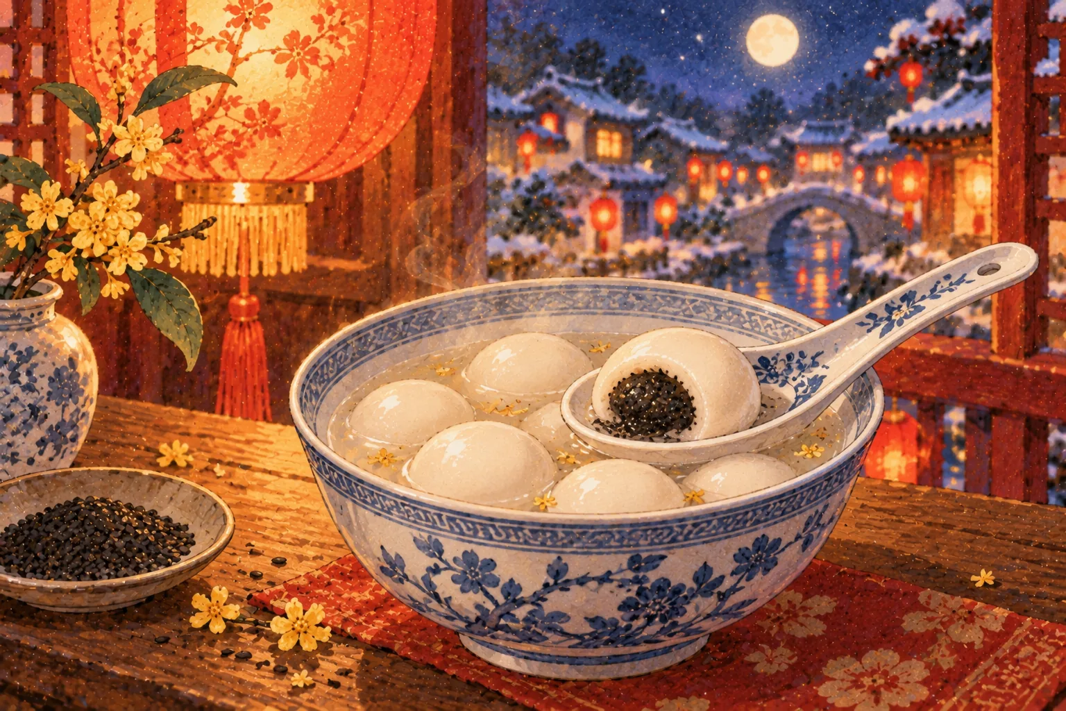 Un bol de tangyuan, petites boules de riz blanches, dans un bouillon