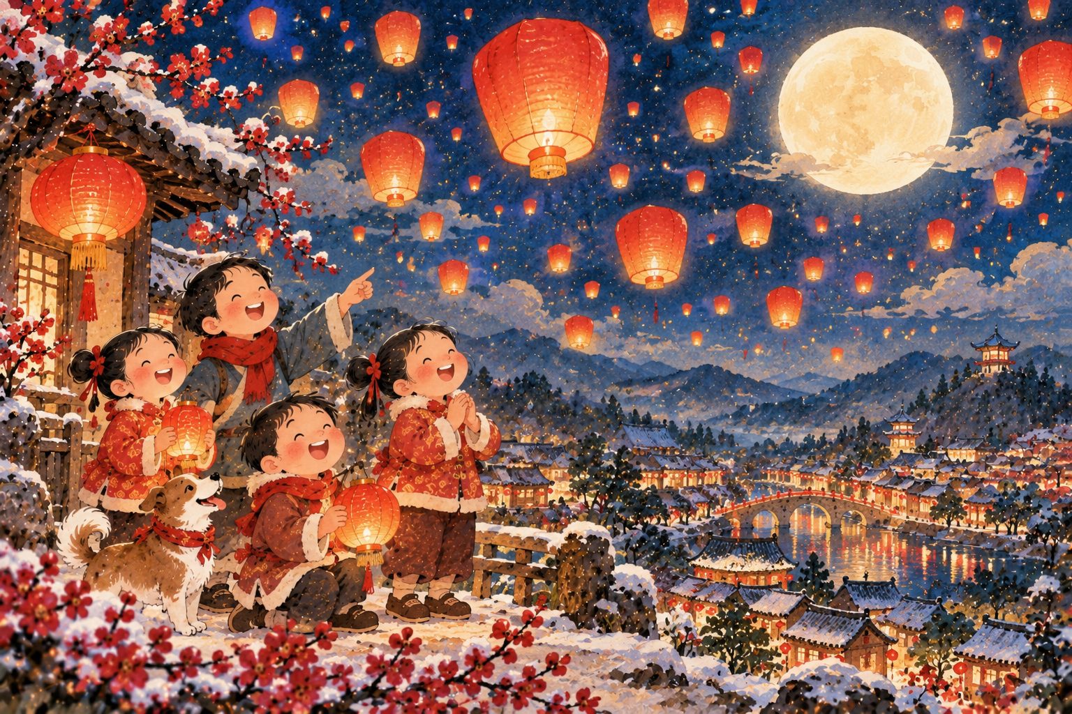 Illustration en papier découpé de la fête des Lanternes : des lanternes rouges s'élèvent sous la pleine lune