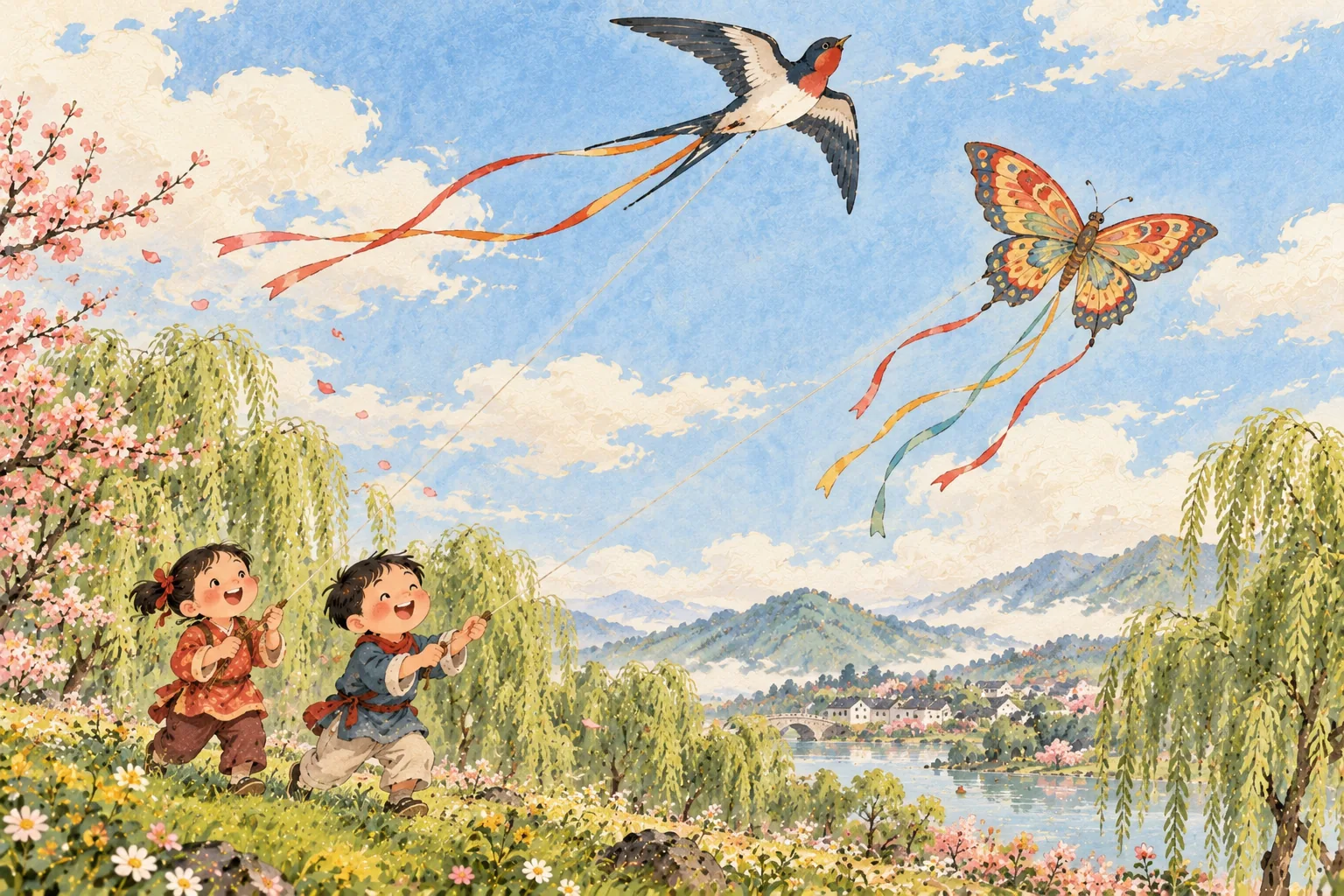 Des cerfs-volants en forme d'hirondelle et de papillon dans un ciel clair