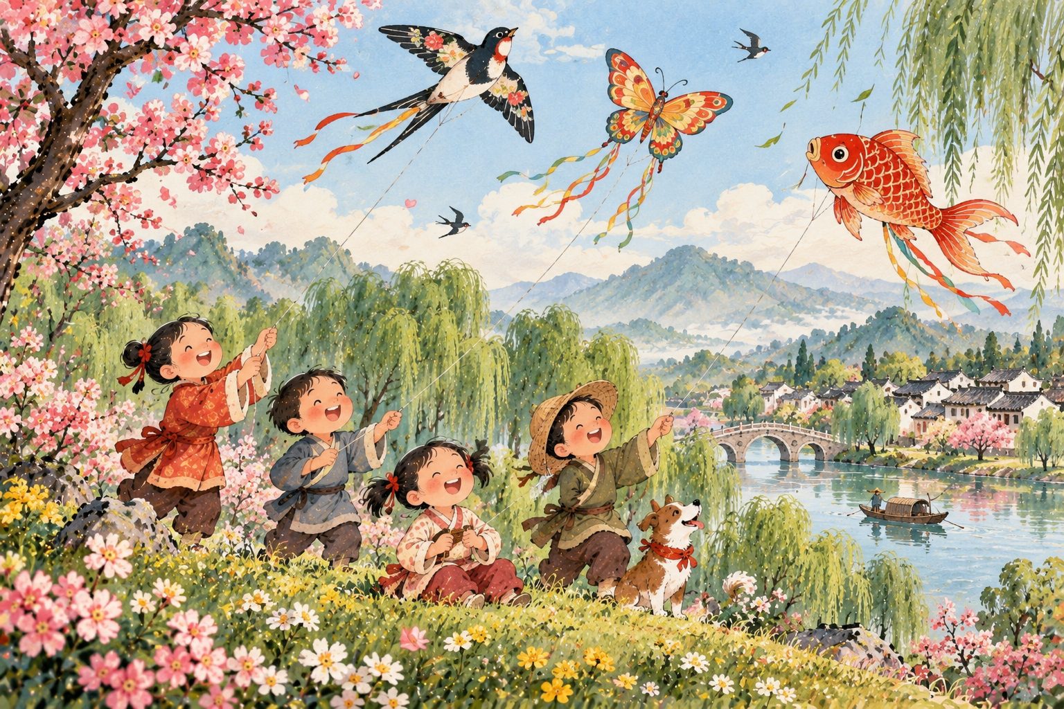 Illustration en papier découpé de Qingming : des saules au printemps et des cerfs-volants dans le ciel