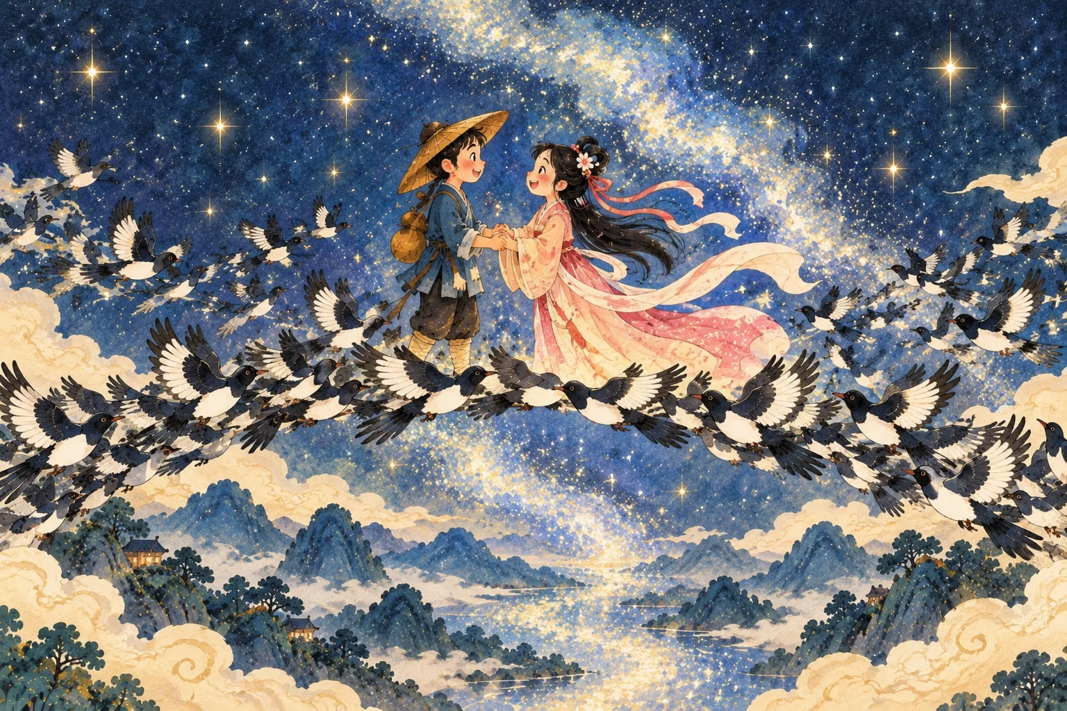 Le Bouvier et la Tisserande se retrouvent sur un pont de pies, au milieu des étoiles