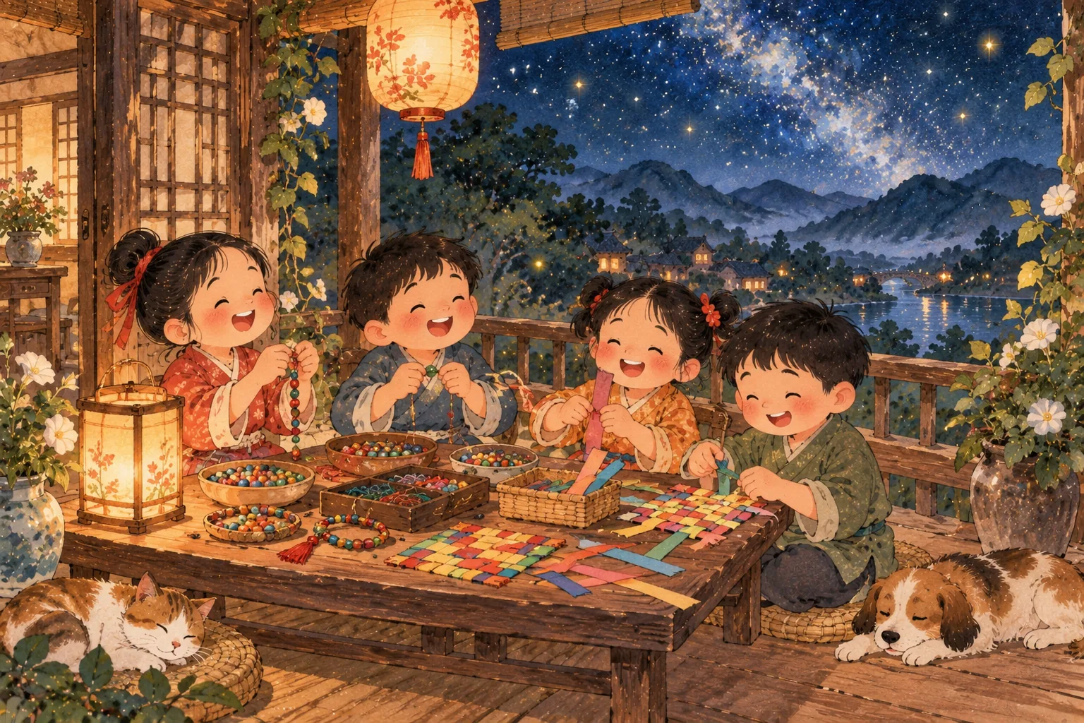Des enfants enfilent des perles et tissent des bandes de papier