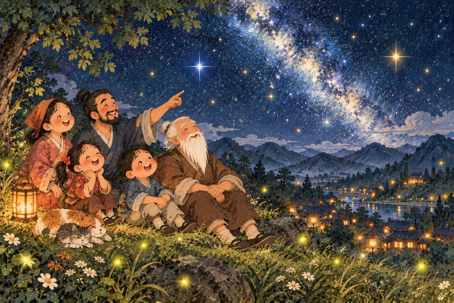 Une famille regarde le ciel étoilé d'été