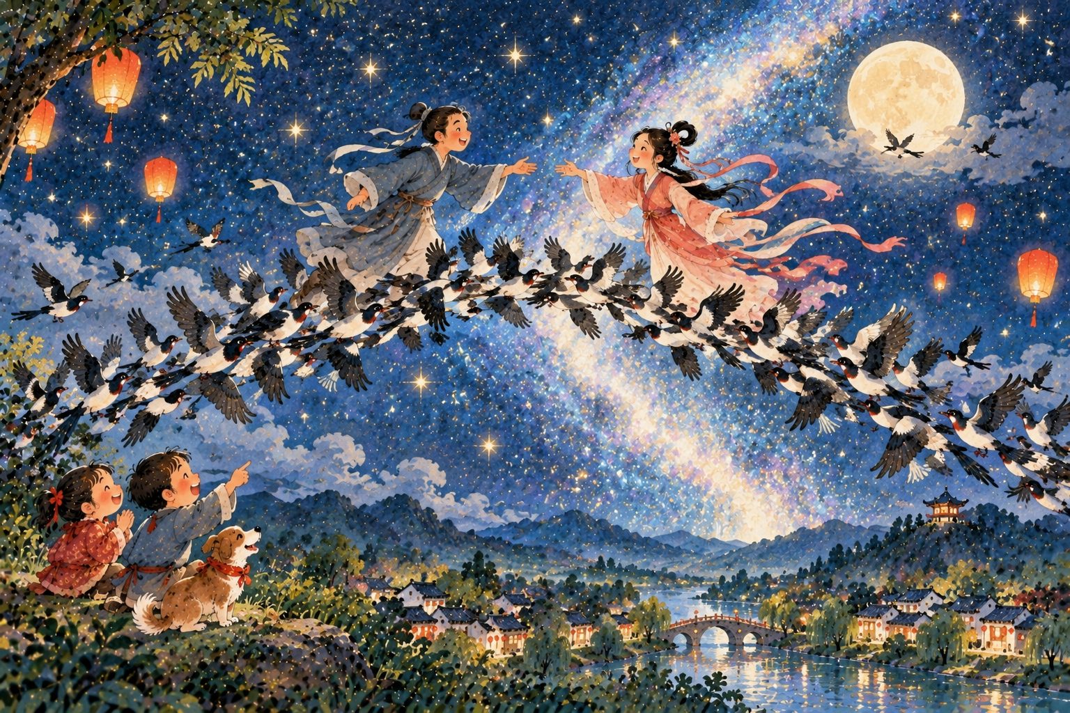 Illustration en papier découpé de Qixi : des pies forment un pont au-dessus de la Voie lactée