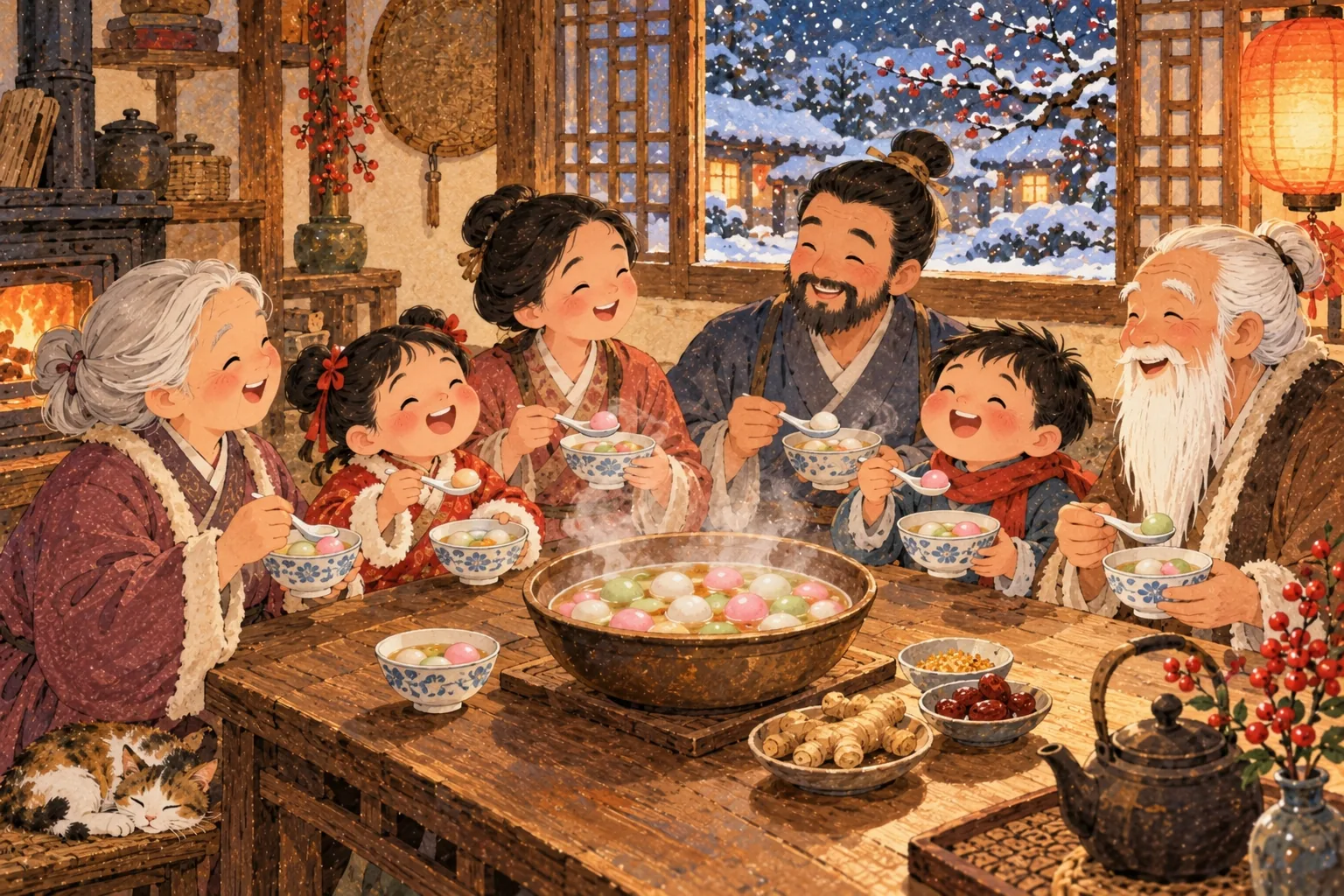 Une famille autour d'une table partage des bols de petites boules de riz colorées