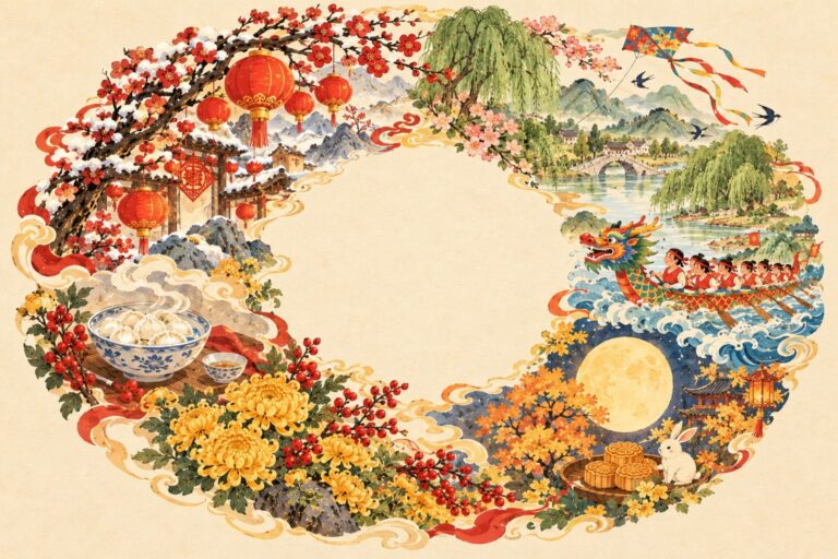 Couronne illustrée des fêtes chinoises au fil des saisons