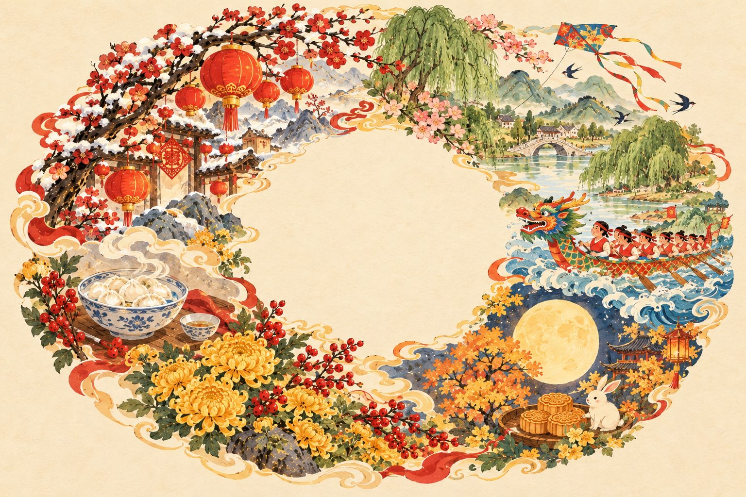 Couronne illustrée des fêtes chinoises au fil des saisons : lanternes du Nouvel An, saules du printemps, bateau-dragon, pleine lune et lapin de jade, chrysanthèmes et bols de tangyuan